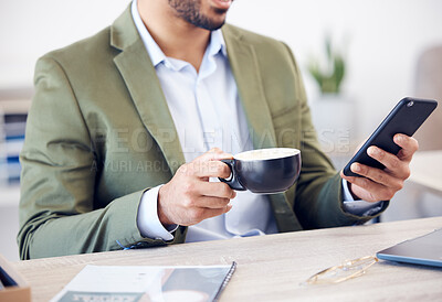 Buy stock photo Coffee cup, phone and hand of man in office checking email, online chat or business schedule. Advisor, consultant or businessman with drink, smartphone and scroll on mobile app for networking at desk