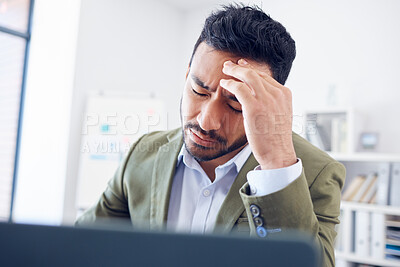 Buy stock photo Stress, headache and man in office with laptop, brain fog and debt pressure at financial business. Mental health, anxiety and tired businessman at computer with burnout, fatigue and risk management