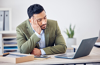 Buy stock photo Stress, waiting and man in office with laptop, bored and exhausted consultant at financial business. Mental health, sleep and tired businessman at computer with burnout, fatigue and risk management