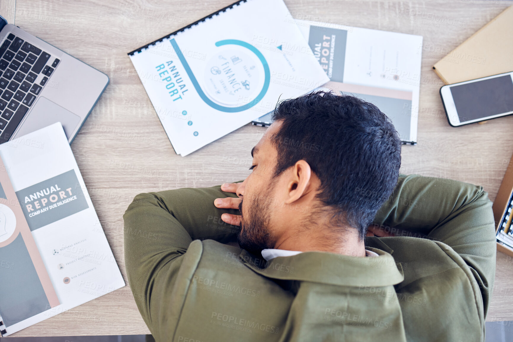 Buy stock photo Sleep, tired and man with laptop, paperwork and exhausted consultant in office at financial agency. Mental health, fatigue and overworked businessman at desk with burnout, above and time management