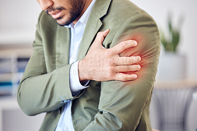 Buy stock photo Office, business man and arm pain with discomfort, inflammation and muscle strain for corporate worker. Consultant, injury and overlay with red glow, nerve irritation and massage for osteoarthritis