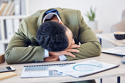 Buy stock photo Sleep, tired and man at desk with paperwork, burnout and exhausted consultant in office at financial agency. Mental health, fatigue and overworked businessman with files, crash and time management