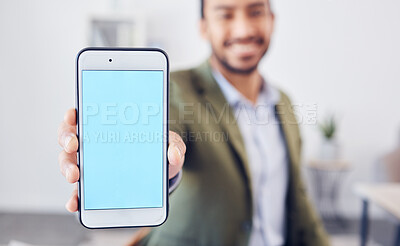 Buy stock photo Businessman, hand and screen of phone with offer for online trading, investment and registration. Smile, space and trader with mockup on tech in office for exchange platform, info and cryptocurrency