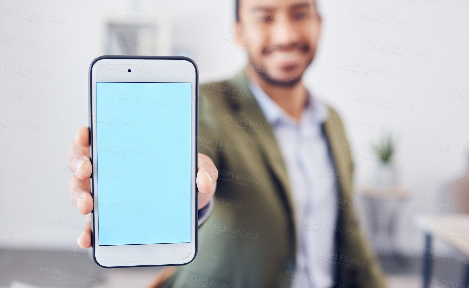 Buy stock photo Businessman, hand and screen of phone with offer for online trading, investment and registration. Smile, space and trader with mockup on tech in office for exchange platform, info and cryptocurrency