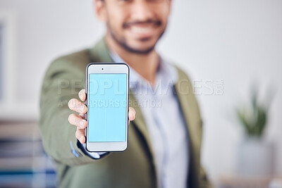 Buy stock photo Businessman, hand and mockup on phone with offer for online trading, investment and registration. Smile, screen and trader with mockup on tech in office for cryptocurrency, exchange platform and info