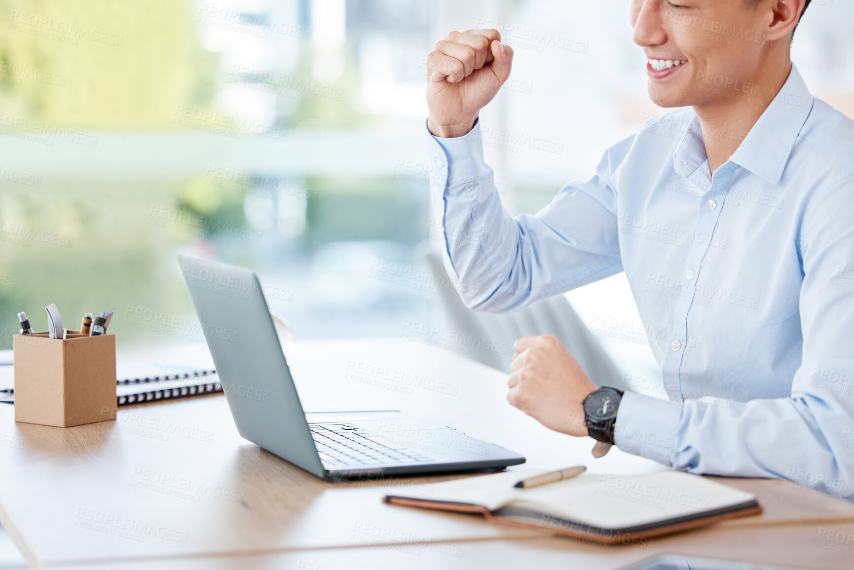 Buy stock photo Fist pump, winner and business man on laptop for online bonus, stock market success and company deal. Corporate, news and happy person celebrate on computer for investment, profit and promotion