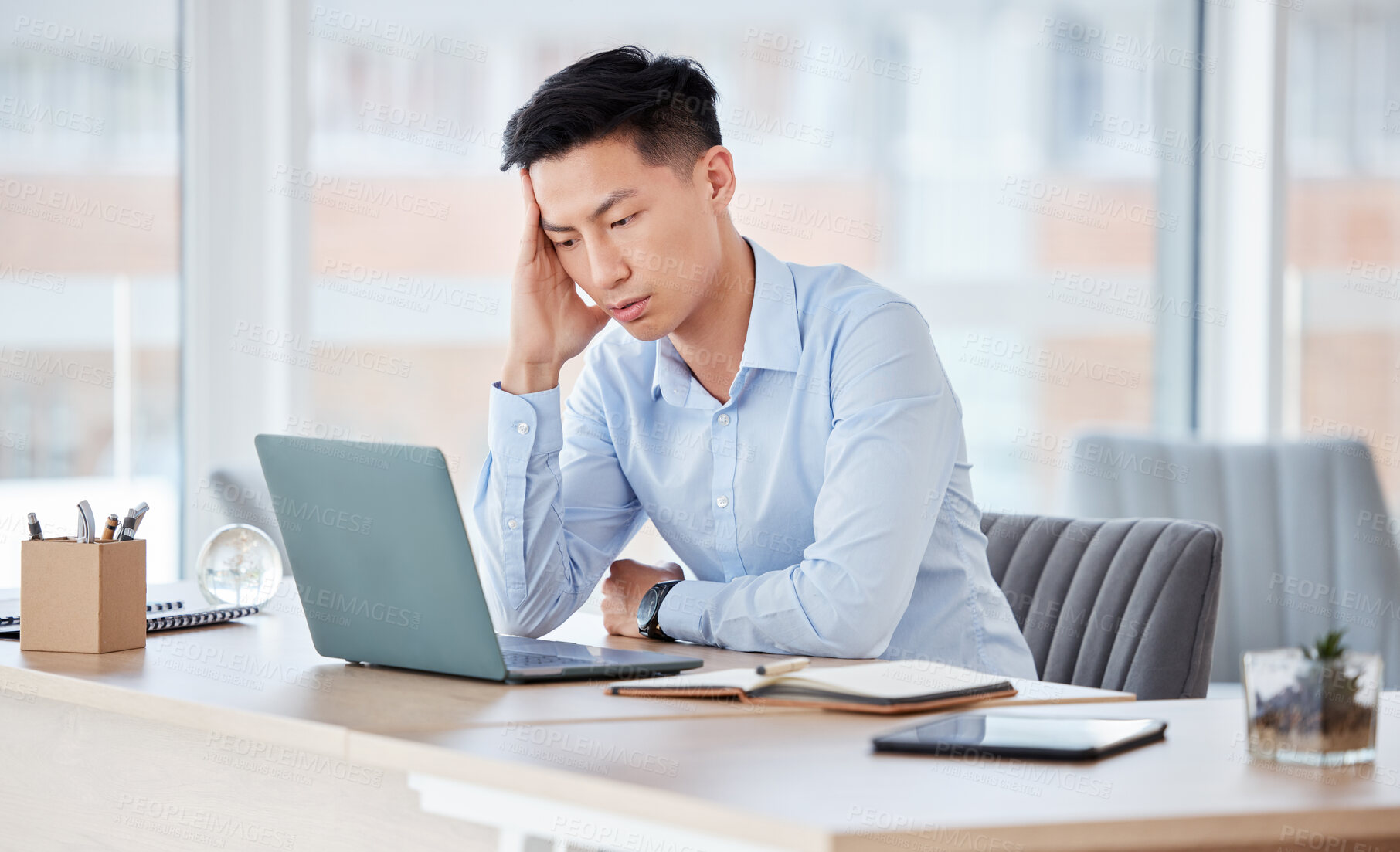 Buy stock photo Business, man and laptop with headache in office for deadline stress, burnout and overworked at desk. Professional, chinese person and migraine with anxiety for stock market crash and trading mistake