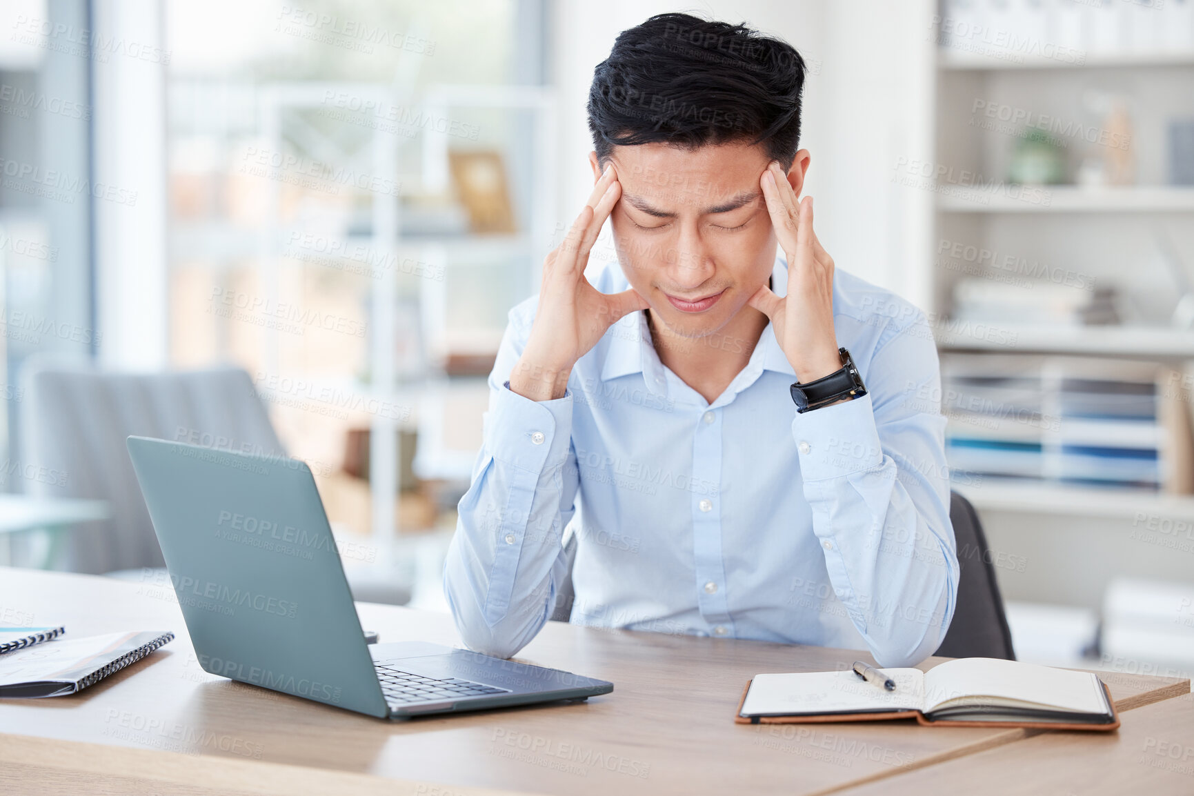 Buy stock photo Businessman, pain and laptop with headache in office for deadline stress, burnout or overworked. Tension, chinese person or migraine with anxiety for stock market crash, trading mistake or 404 glitch