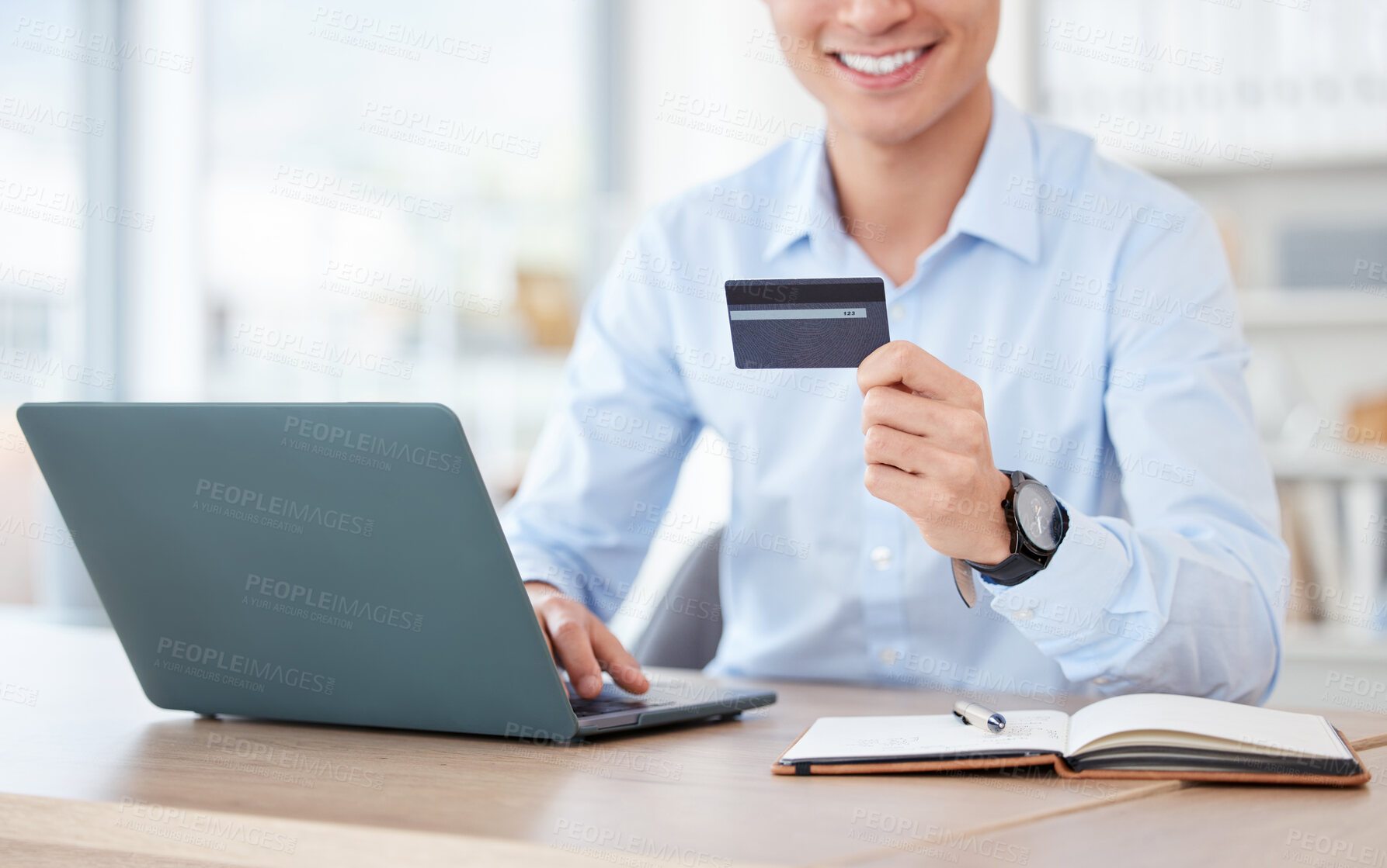 Buy stock photo Credit card, laptop and businessman in office for finance online stocks purchase for break in market. Cryptocurrency, desk and male person with computer for trading investment app in workplace.