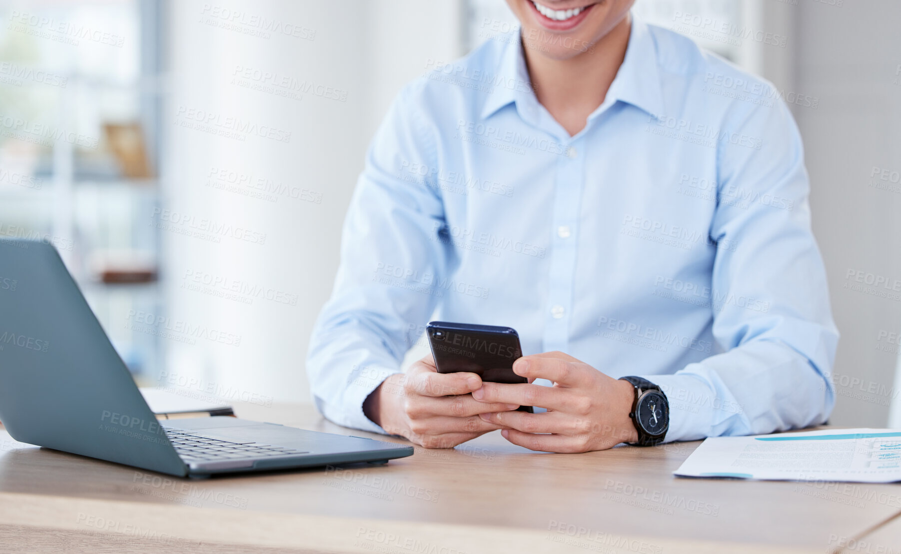 Buy stock photo Businessman, smile and hands with phone in office for investment, research or reading finance news. Financial advisor, happy and typing on technology for stocks report, email or update on share price