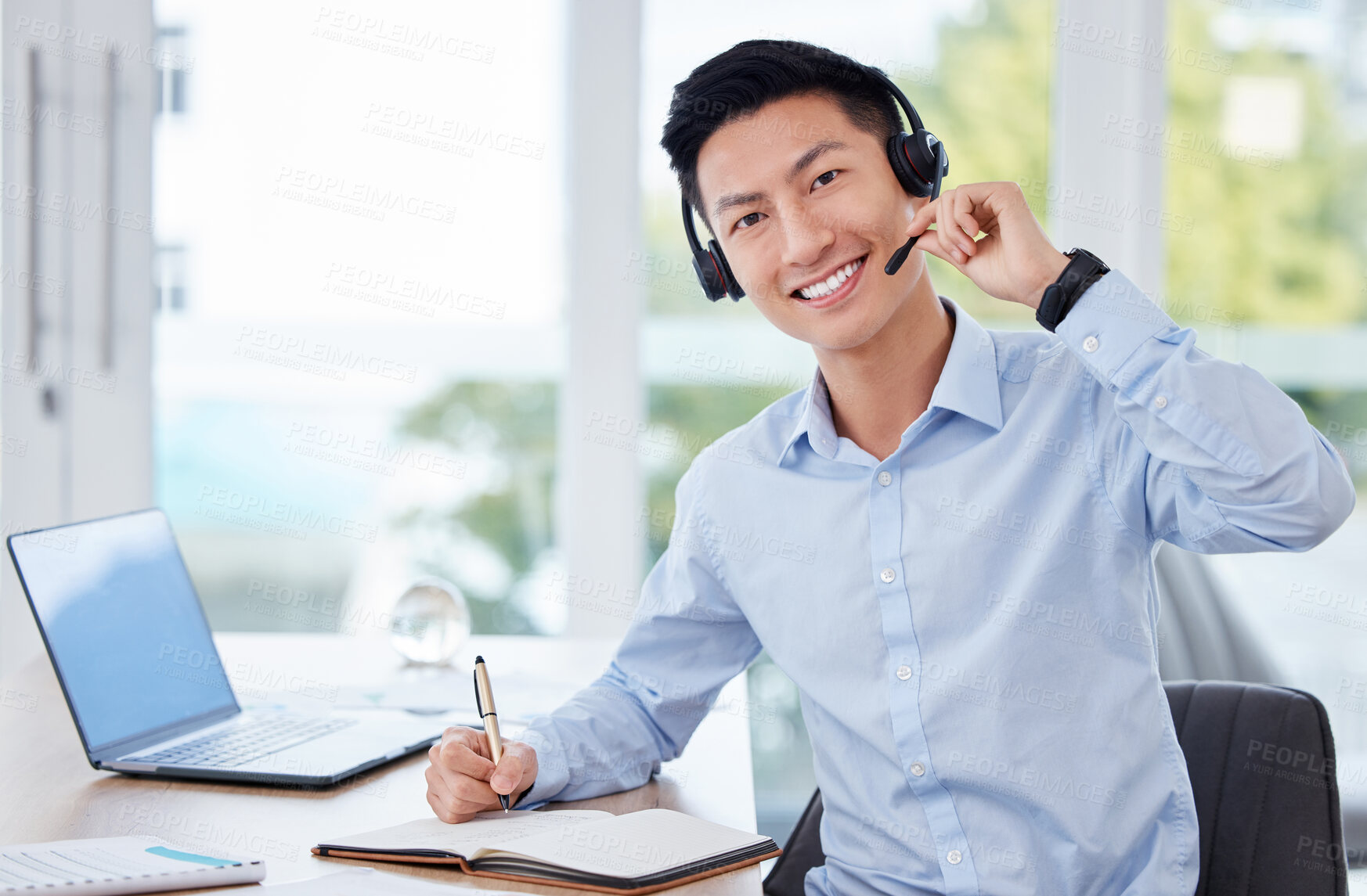 Buy stock photo Customer support, notes and portrait of Asian man on laptop for insurance sales, help or consulting. Corporate office, call center and person writing for communication, crm service and telemarketing