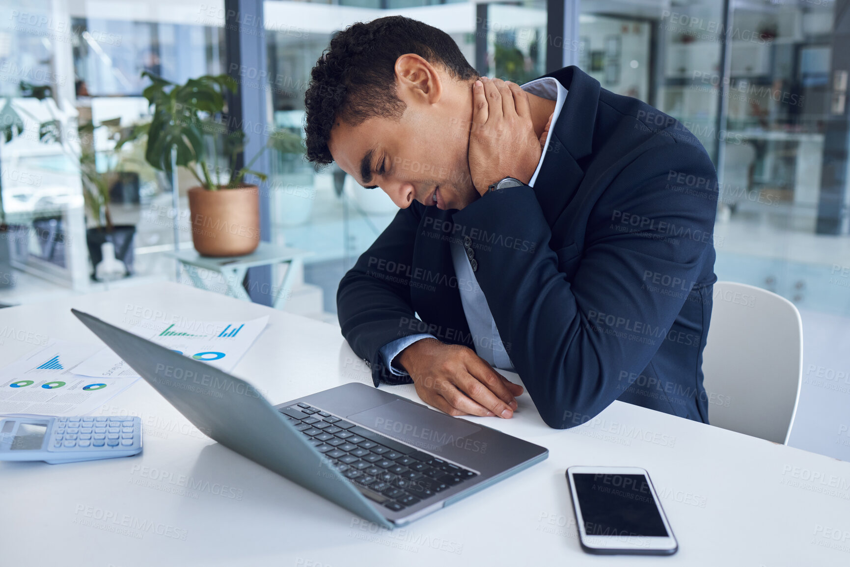 Buy stock photo Business man, injury or neck pain in office, tired or burnout with health problem by laptop. Fatigue, spine ache or person massage muscle with fibromyalgia, arthritis or sick with bad posture at work