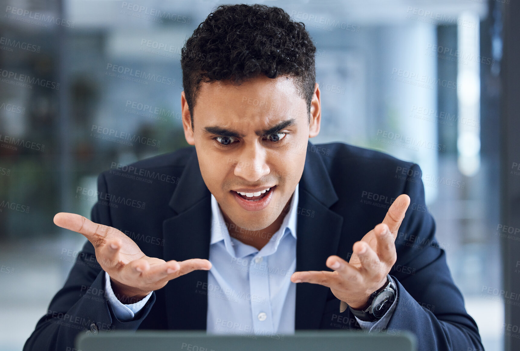 Buy stock photo Stress, frustrated and businessman with laptop in office for economy inflation or stock market crash. Computer, corporate and confused male financial analyst with online trading charts in workplace.