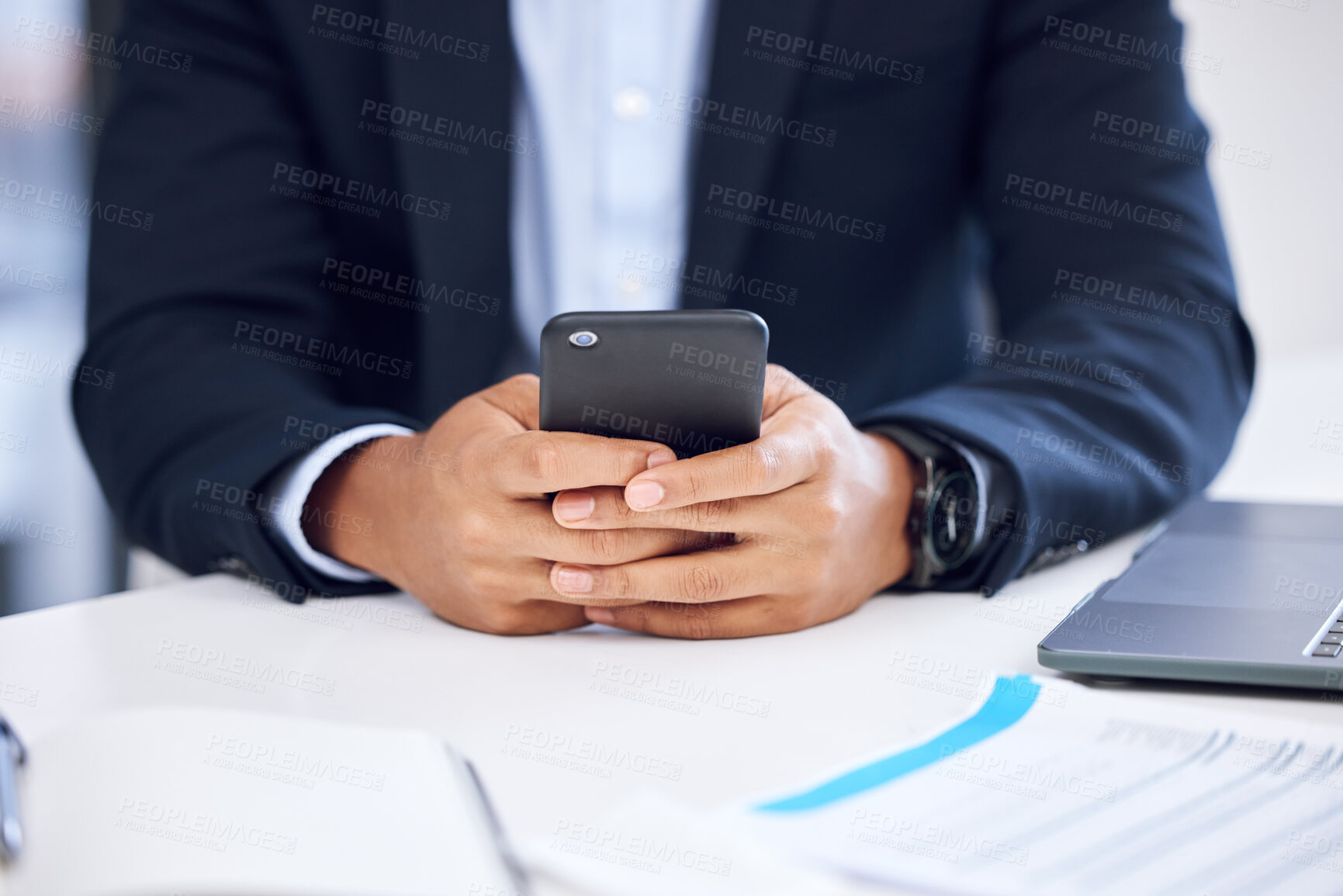 Buy stock photo Texting, mobile and hands of businessperson at desk for information, online review or report feedback in office. Consulting agency, documents and employee with schedule, networking or communication