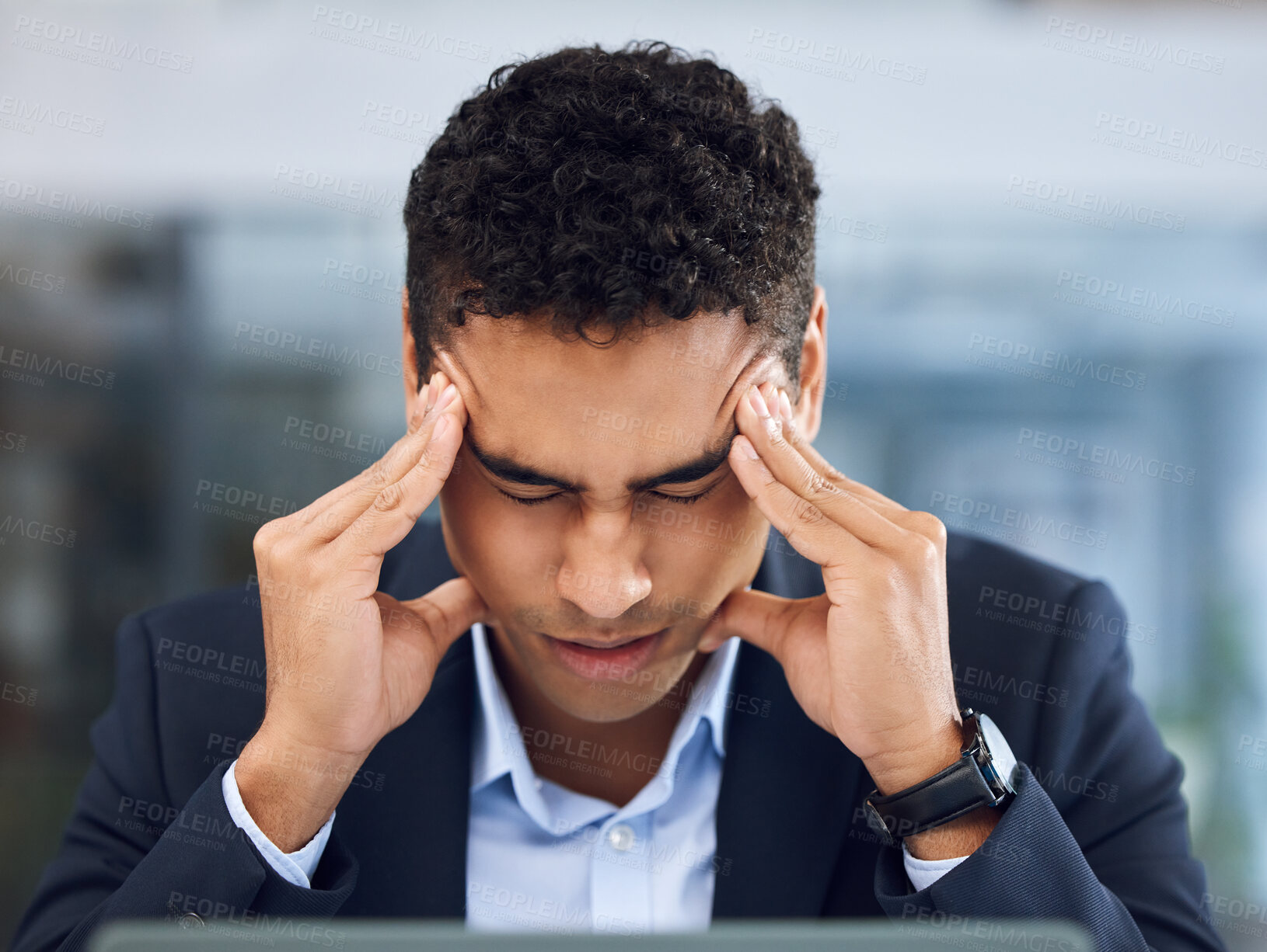 Buy stock photo Stress, headache and business man with pain, sick and tired with bankruptcy in office. Migraine, worker or massage temples for depression, financial crisis or fail with anxiety for corporate job loss