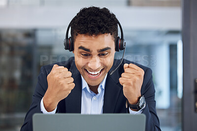 Buy stock photo Laptop, man and happy at call center for customer or client support and service. Office, crm and advisor or consultant in smile or pride and satisfied with advice, career opportunity and growth