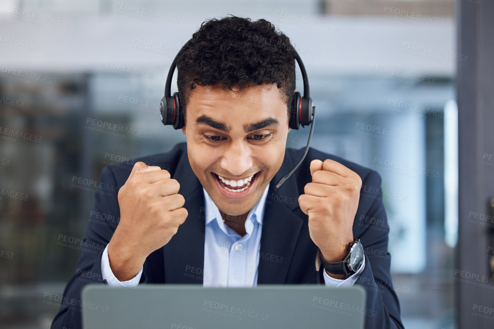 Buy stock photo Laptop, man and happy at call center for customer or client support and service. Office, crm and advisor or consultant in smile or pride and satisfied with advice, career opportunity and growth