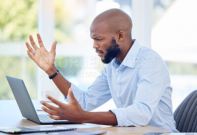 Buy stock photo Laptop, angry and confused black man in office with scam, glitch or error 404 with info loss in business. Computer crash, stress or frustrated worker with bad news, spam or reading email for job fail