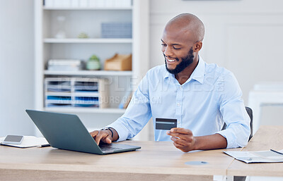 Buy stock photo Black man, corporate credit card and laptop with ecommerce and fintech, payment with smile and bank app. Male professional at office with business purchase, online shopping and internet banking