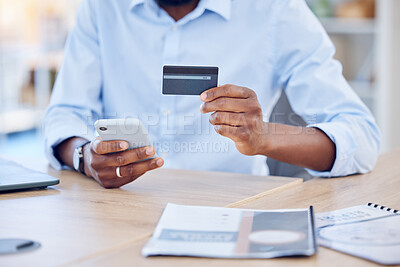 Buy stock photo Black man, hands with credit card and smartphone for ecommerce and fintech, corporate payment and bank app. Male professional at office with business purchase, online shopping and internet banking