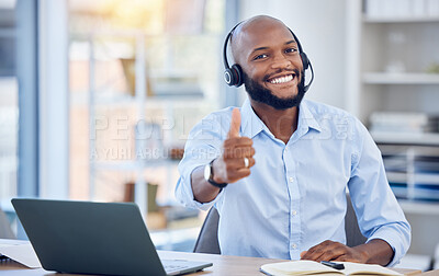 Buy stock photo Man at callcenter, thumbs up in portrait and contact us, communication of support and agreement emoji. CRM, customer service and tech, male agent with headset and smile, success and yes hand gesture