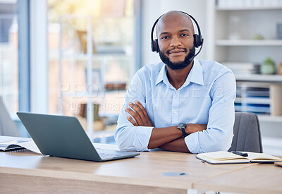 Buy stock photo Black man, portrait and callcenter with arms crossed and contact us, communication with headset and CRM. Male consultant with smile, customer service or telemarketing with confidence and help desk