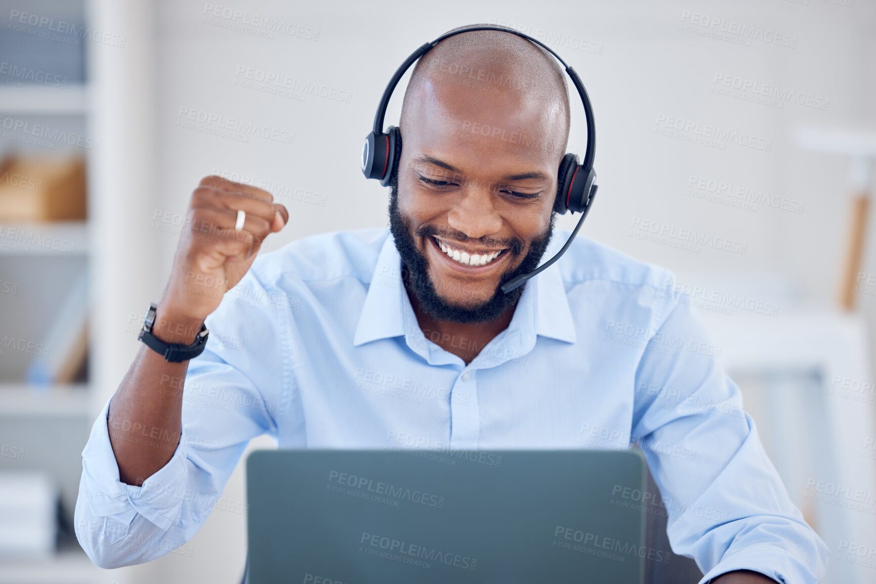 Buy stock photo Black man, fist pump and callcenter worker with win, smile with headset, communication and success with sale. Telemarketing, salesman and winning, happy male consultant with positive customer review