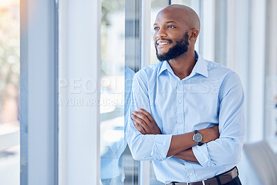 Buy stock photo Black man in business, arms crossed and thinking, professional mindset and mission with view out the window. Career success, vision and happy male person with corporate future and company growth