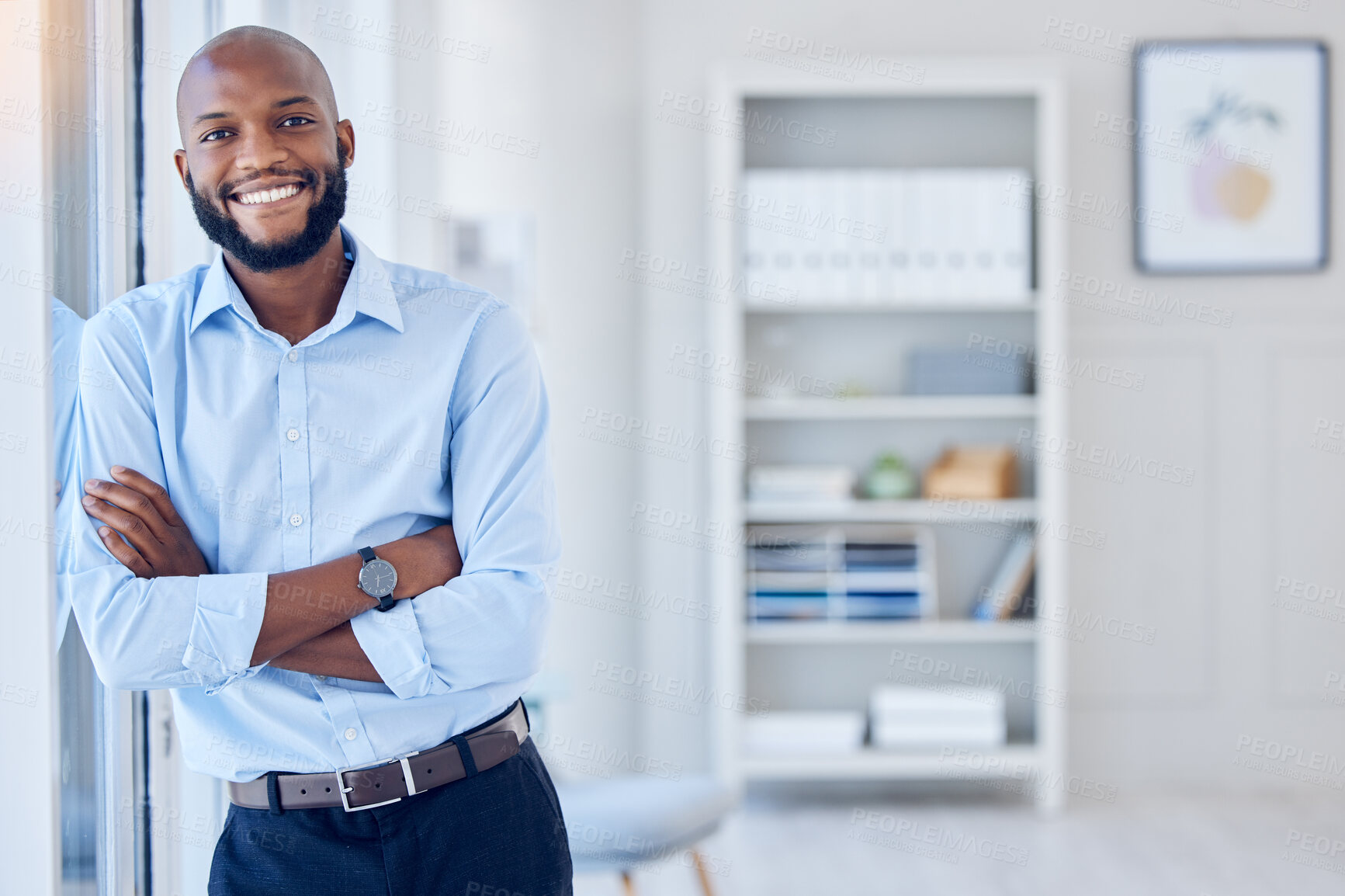 Buy stock photo Black man in business, arms crossed and portrait, professional mindset and mission with confidence. Career success, vision and happy male person, corporate future and company growth with mockup space