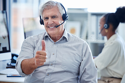 Buy stock photo Thumbs up, customer support and portrait of man with headset, smile and client service in crm office. Call center, like and mature consultant in telemarketing with happy hand gesture for agreement