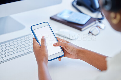 Buy stock photo Phone, screen and hands of business person in office for communication, contact or b2b networking. Professional, call center and mockup on smartphone for internet, website and social media on break