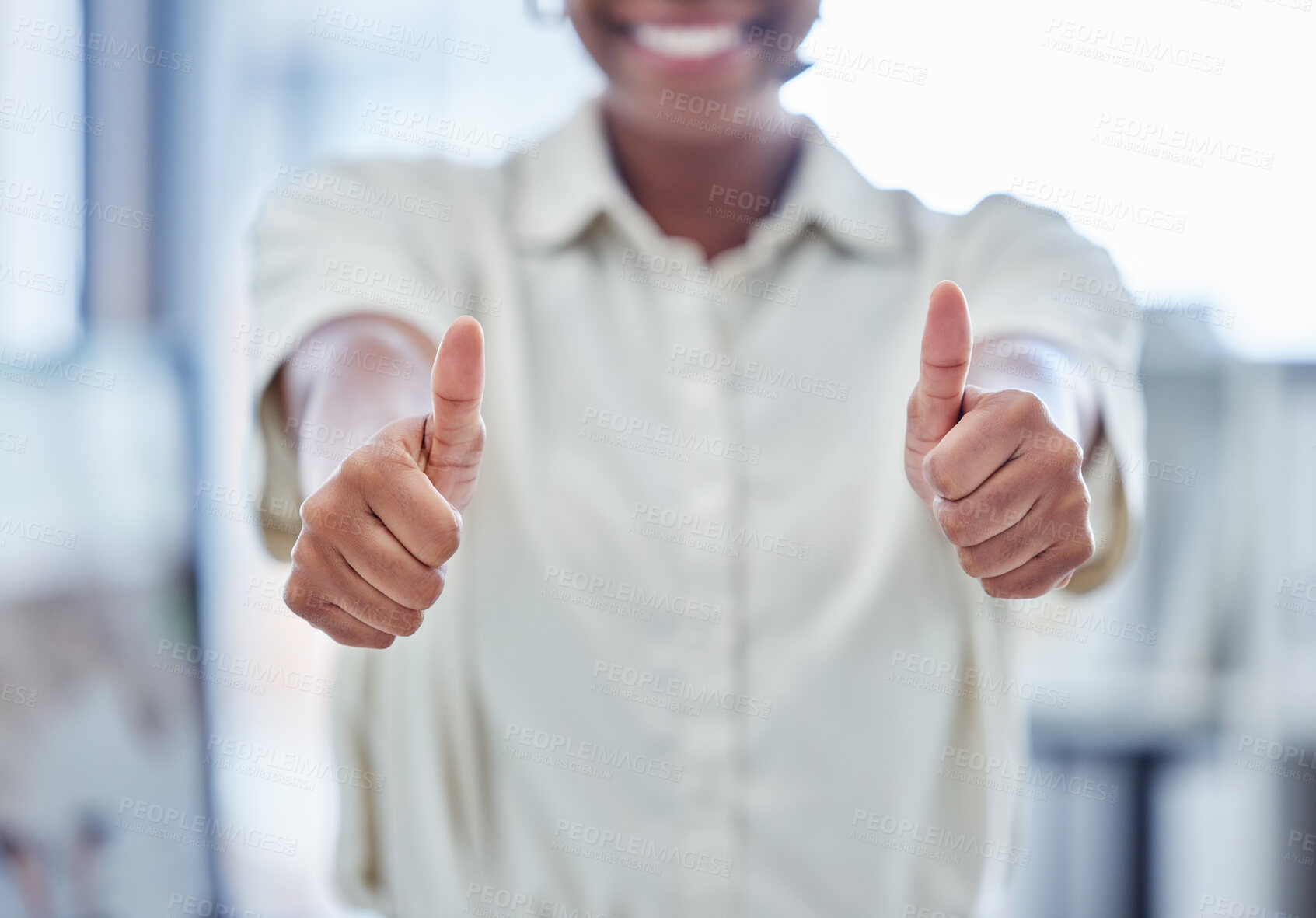 Buy stock photo Closeup shot of an unrecognisable businesswoman showing thumbs up in an office