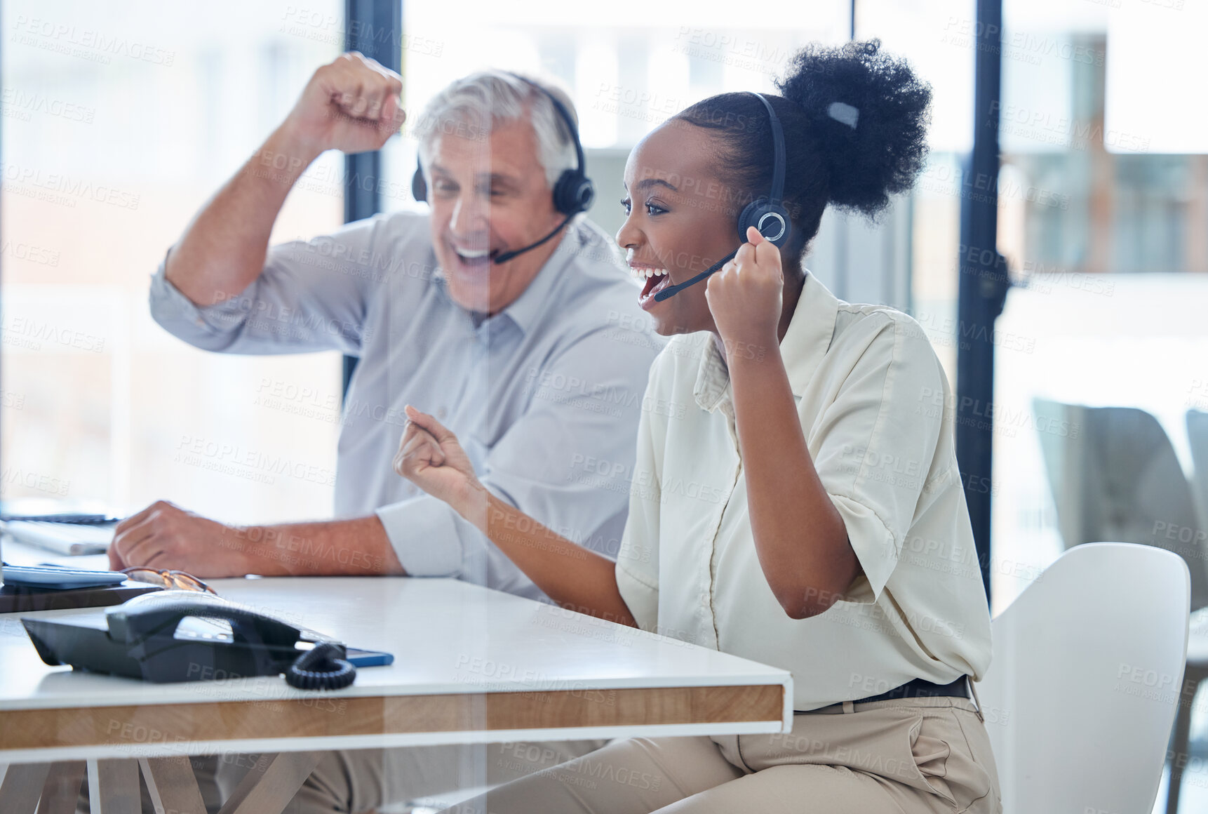 Buy stock photo Call center, people and headset with celebration of success for customer service deal or technical support promotion. Telemarketing, excited agents with victory fist for consulting or lead generation