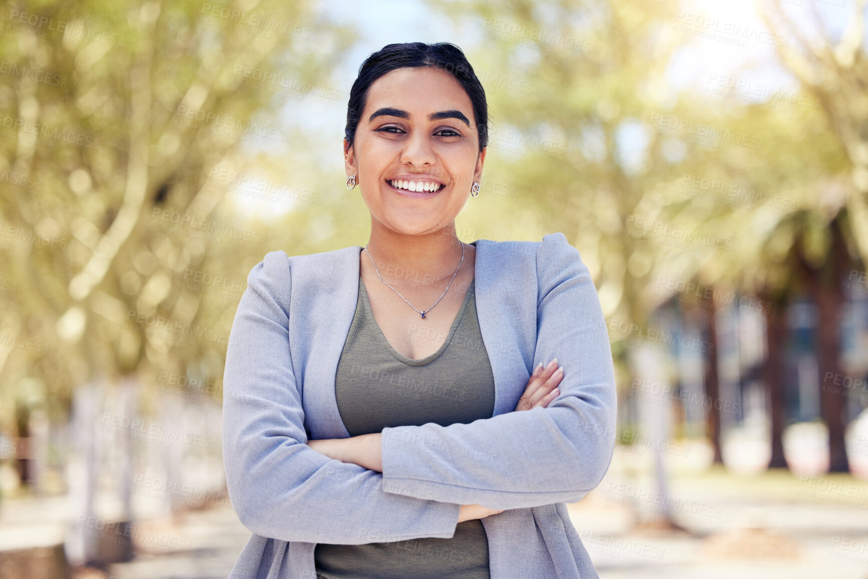 Buy stock photo Business, confidence and portrait of woman in park with smile, opportunity and real estate agent with pride. Professional, realtor and happy face of businesswoman in outdoor garden with arms crossed 