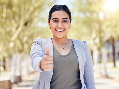 Buy stock photo Business, thumbs up and portrait of woman in park with smile, confidence or agreement gesture. Professional, positive review and happy face of proud businesswoman in outdoor garden with yes hand sign