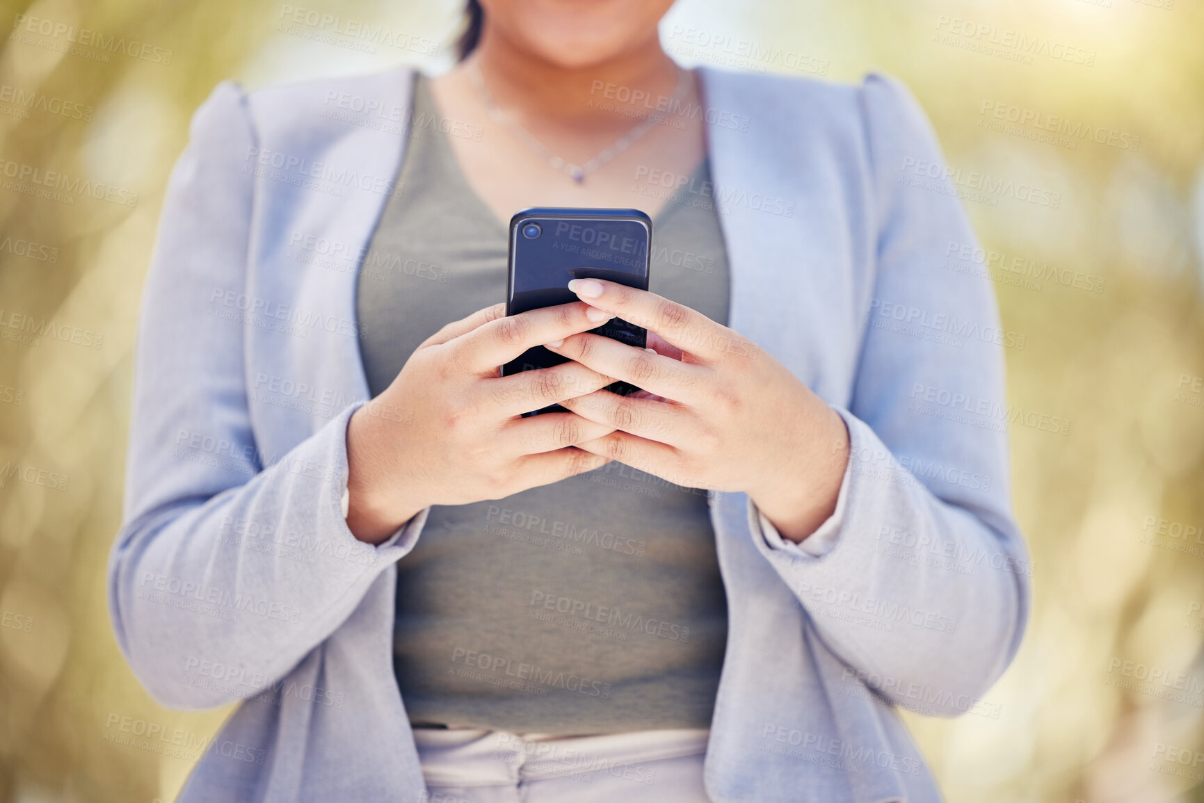 Buy stock photo Business, phone and hands of woman in park with communication, contact and online chat. Smartphone, typing and businesswoman in outdoor garden with mobile app for networking, web search or texting