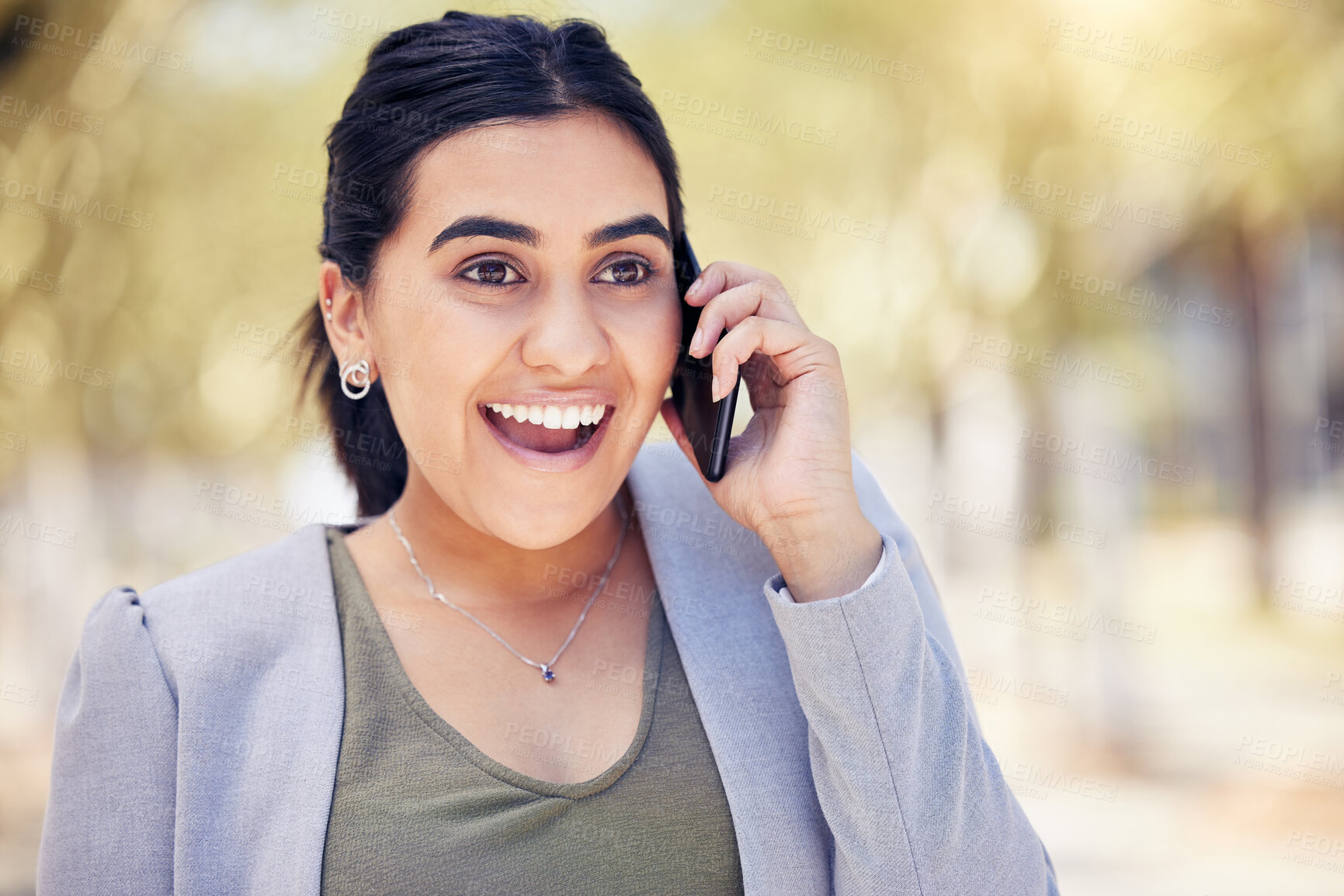 Buy stock photo Business, phone call and woman in park with surprise, smile and connection for happy conversation. Smartphone, discussion and businesswoman in garden with mobile app for networking, chat or good news