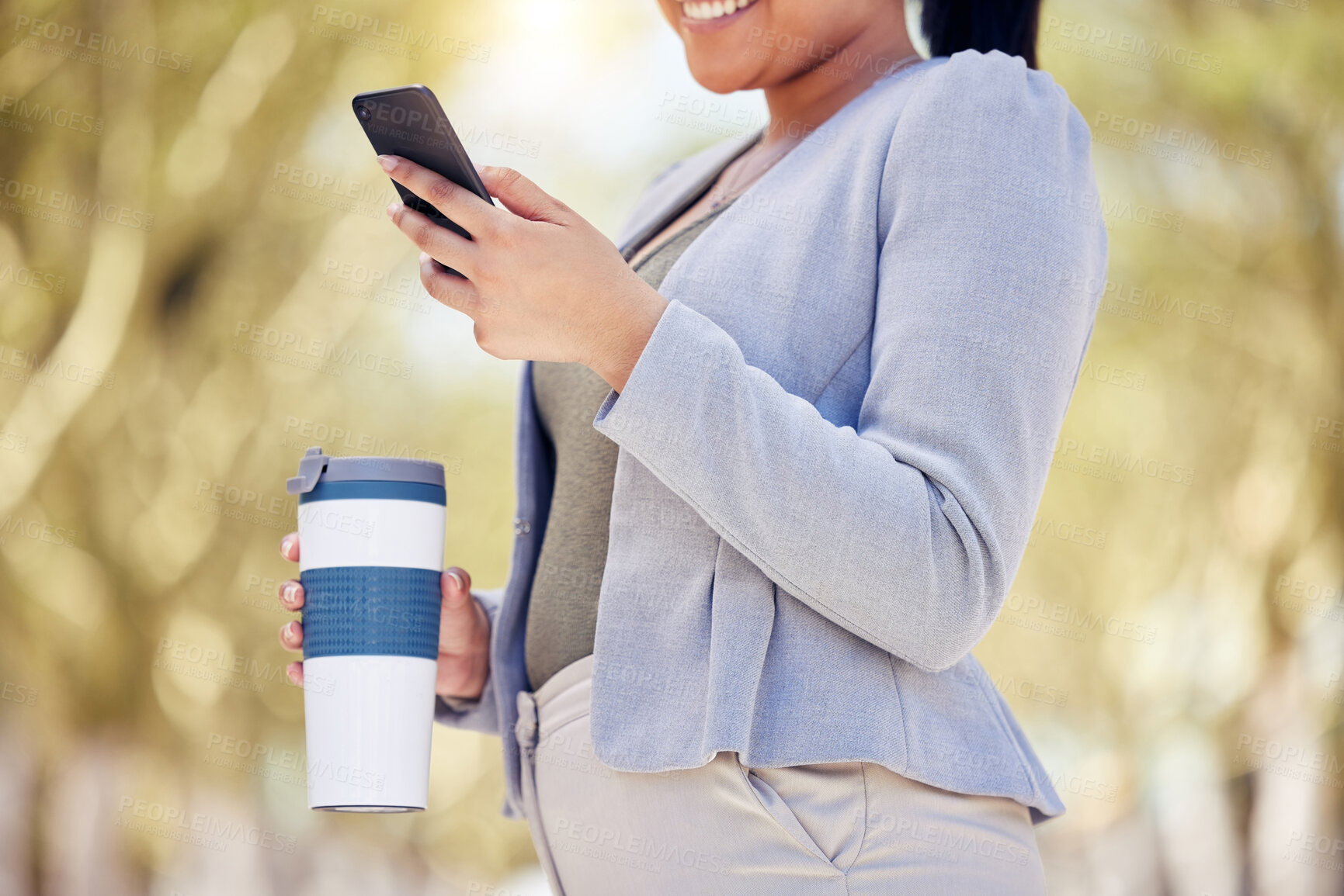Buy stock photo Drink, phone and hands of businesswoman in park with communication, contact and online chat. Smartphone, typing and woman in garden with mobile app for business networking, web search and coffee cup
