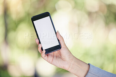 Buy stock photo Business, hand and phone with mockup outdoor for social media advertising space and company webpage. Professional, woman and empty screen of mobile with bokeh, online news and contact us information