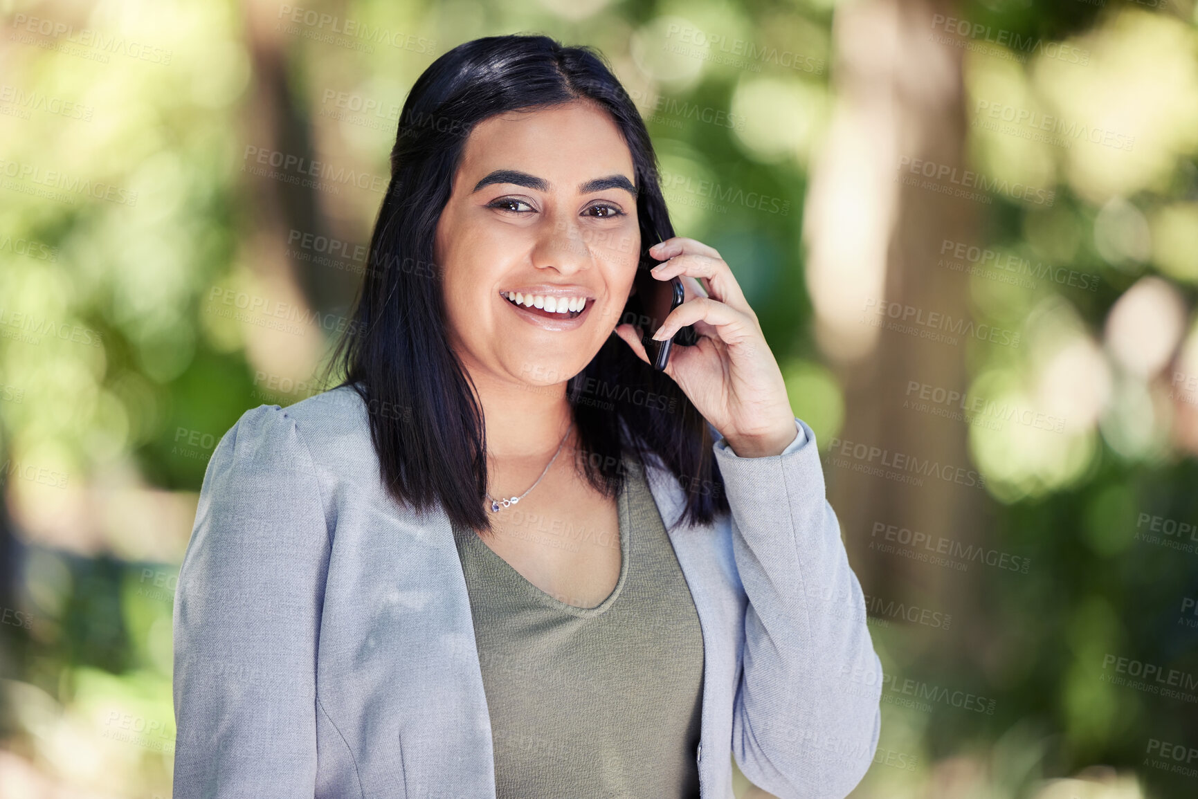 Buy stock photo Business woman, phone call and portrait in park on walk with smile for contact, deal and good news. Person, happy and smartphone in nature for talk, networking and mobile connection in Colombia