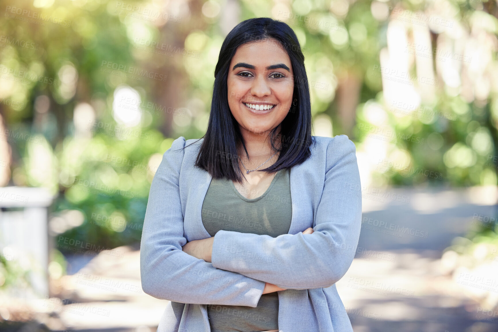 Buy stock photo Nature, crossed arms and portrait of businesswoman in park with pride in legal case for career growth. Smile, confident and environmental lawyer in outdoor forest for land conservation in Brazil.