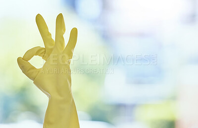 Buy stock photo Cleaning, okay sign and hands in gloves for hygiene, disinfection and bacteria for maid service. Housekeeping, person and emoji hand gesture in equipment for washing, sanitary and housework.