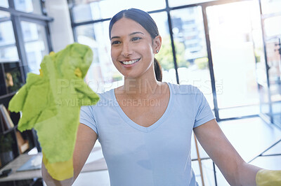 Buy stock photo Cleaning, glass and woman with cloth for hygiene, disinfection and bacteria for maid service. Housekeeping, housework and happy cleaner with detergents, equipment and glove for sanitation on window