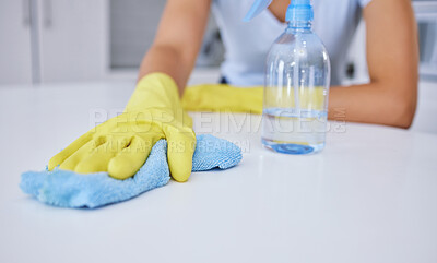 Buy stock photo Person, gloves or hands with cleaning table in home for hygiene, bacteria or dirt disinfection with sanitizer. Housekeeping, counter or cloth with surface wipe for chores, routine or cleaner with OCD