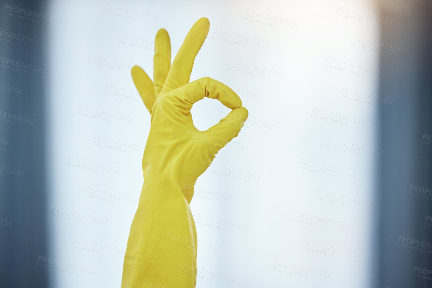 Buy stock photo Cleaning, gloves and hand of person with ok for hospitality, maintenance and perfect service. PPE, housekeeper and gesture of approve emoji at hotel for disinfection feedback, hygiene and good review