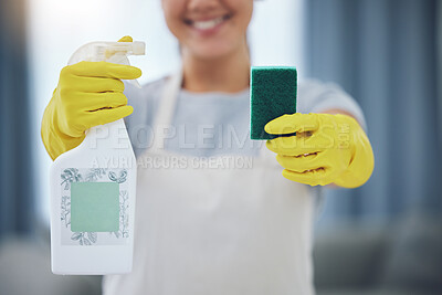 Buy stock photo Service, detergent and woman with sponge in living room for cleaning, remove dirt or disinfection. Germs, gloves and maid with apron for housekeeping, bacteria prevention or sanitize in home