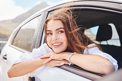 Buy stock photo Road trip, happy and woman in window of car for journey, adventure and explore on holiday, weekend and vacation. Travel, transportation and face of person in vehicle for commute, drive and tourism