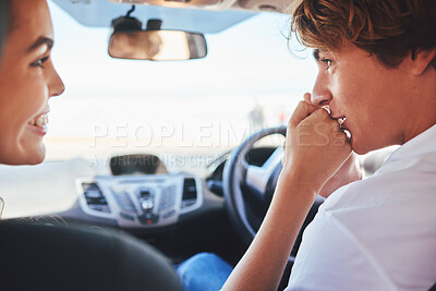 Buy stock photo Road trip, happy and couple in car kiss for journey, adventure and explore on holiday, weekend and vacation. Travel, transport and man and woman in vehicle for commute, romantic drive and tourism