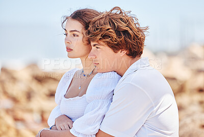 Buy stock photo Travel, love and couple hug at beach for bonding, loving relationship and relax together by ocean. Dating, nature and man and woman embrace for affection and romance on holiday, vacation and weekend