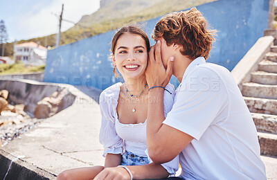 Buy stock photo Outdoor, couple and happy with whisper in ear for gossip, conversation and flirting with bonding in Spain. People, relationship and smile with discussing for rumor, secret and share information 